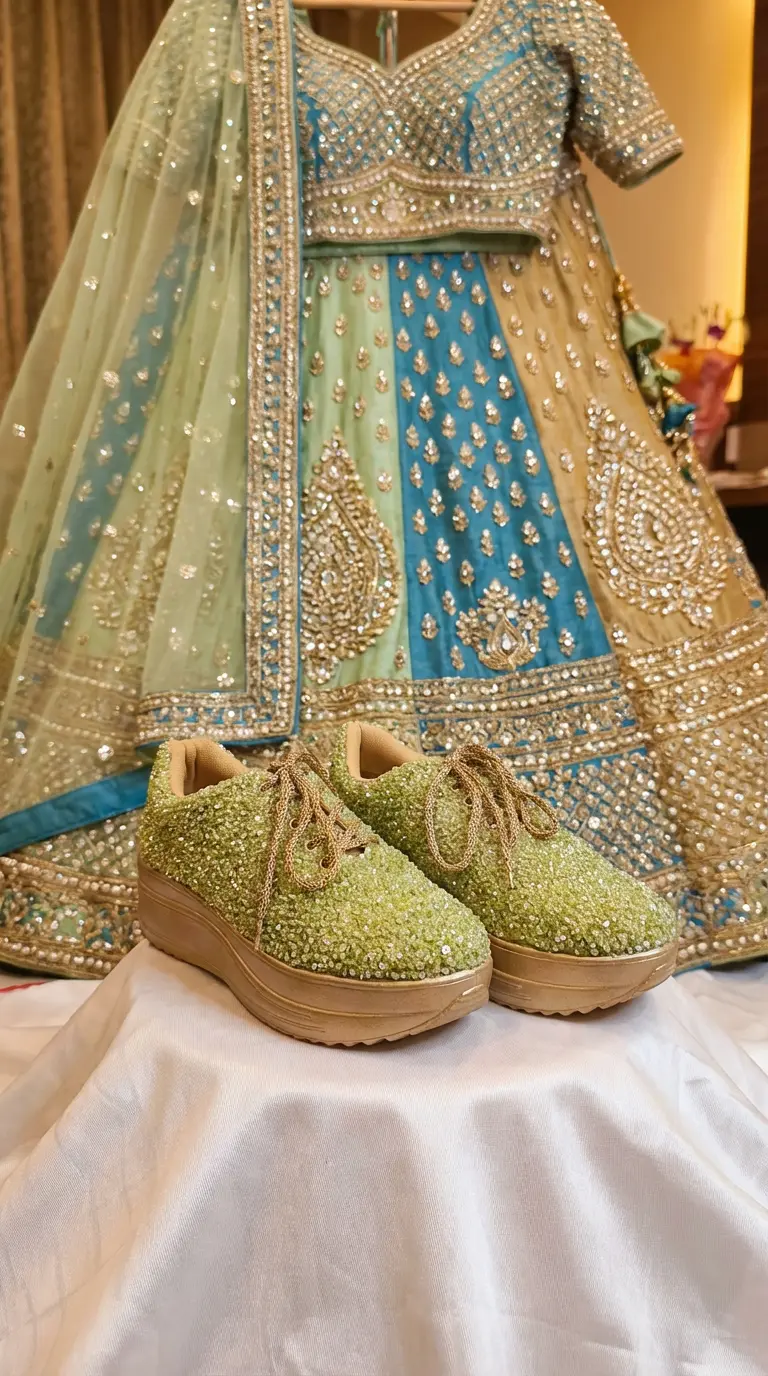 Copy of Firefly_Gemini Flash_create a bright image for my website with light green, blue, goldend lehenga with di 632820