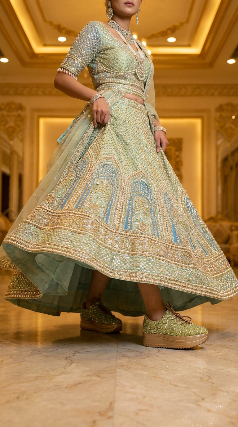 Copy of Firefly_Gemini Flash_i need a photo of this sneakers with a model wearing light green, blue, golden lehen 355471