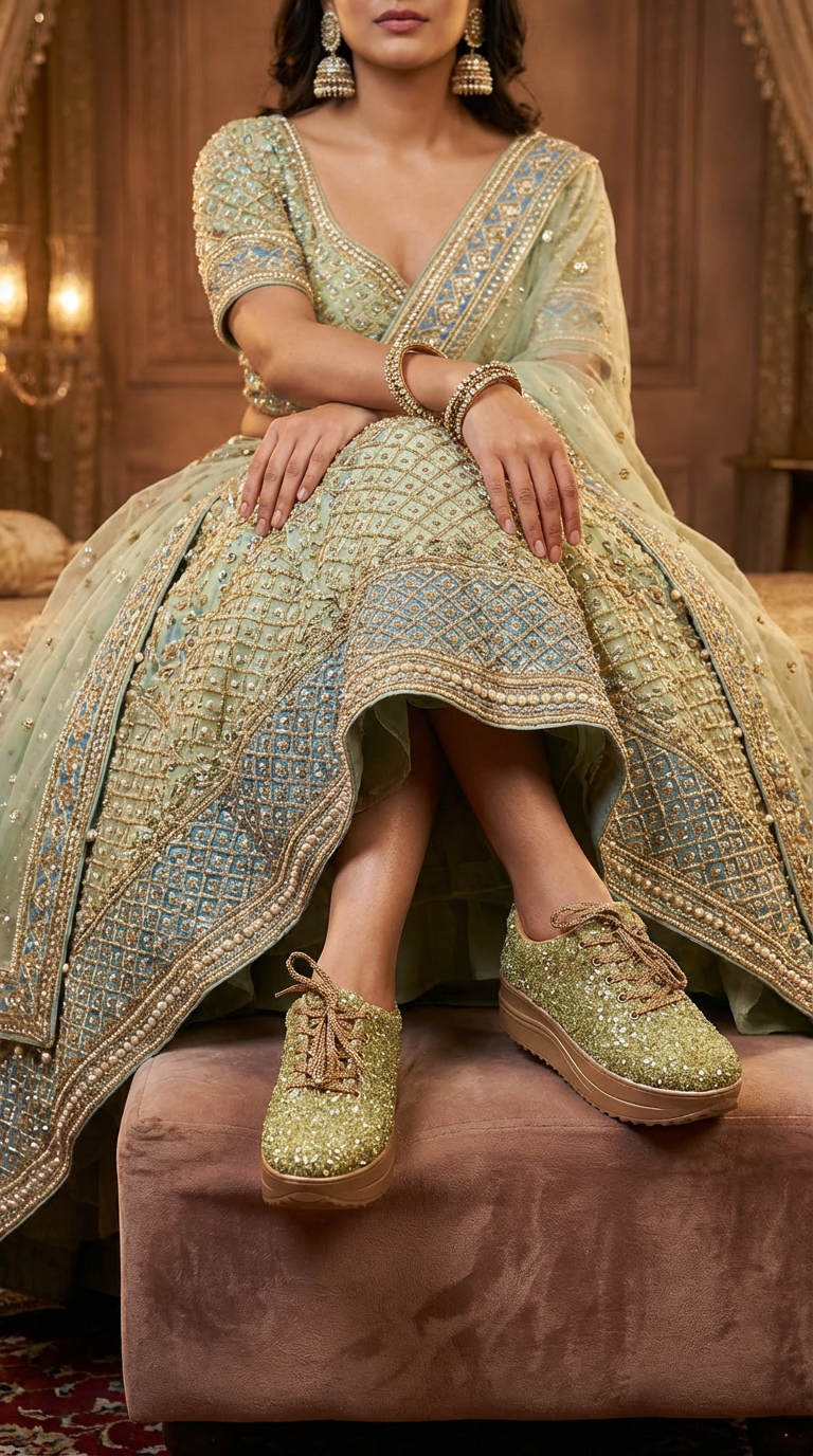 Copy of Firefly_Gemini Flash_i need a photo of this sneakers with a model wearing light green, blue, goldend lehen 20621