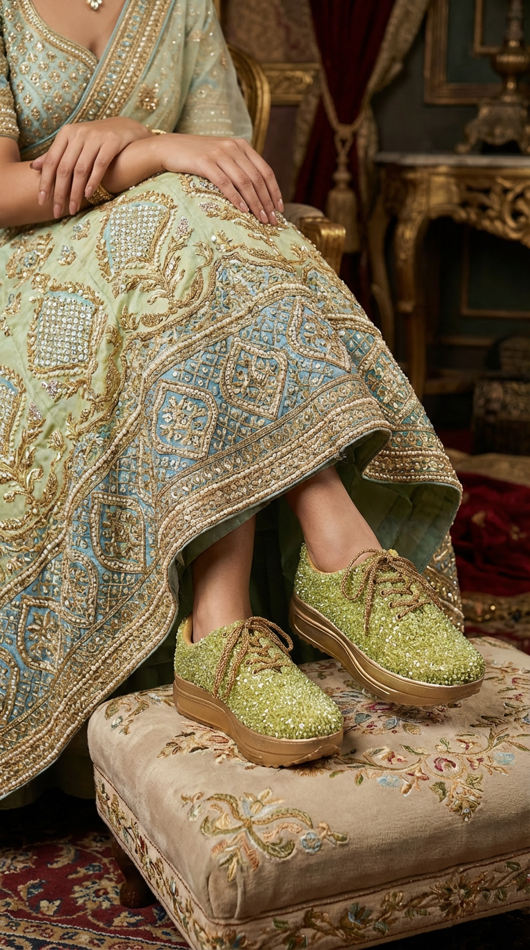 Copy of Firefly_Gemini Flash_i need a photo of this sneakers with a model wearing light green, blue, goldend lehen 576955