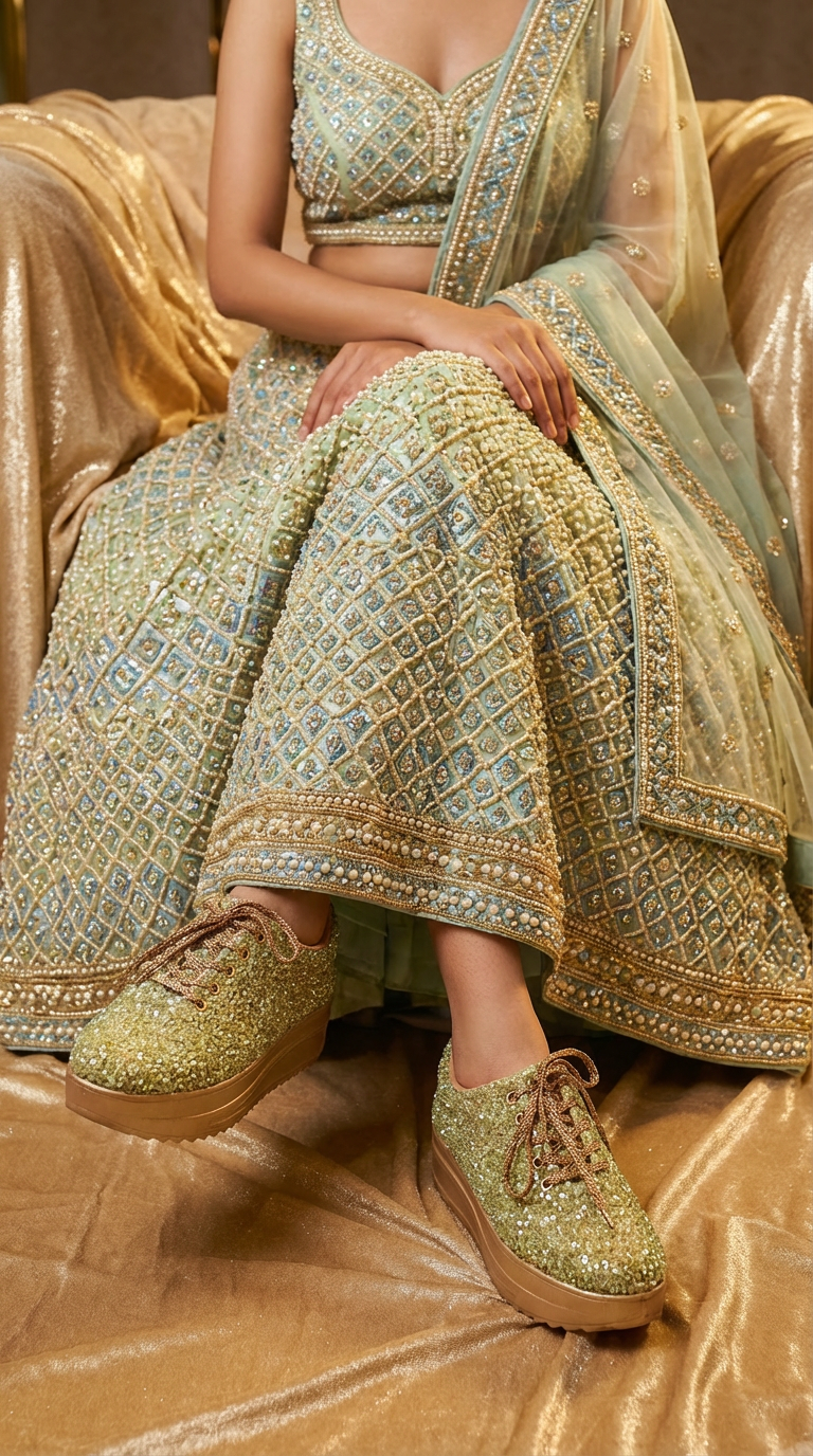 Copy of Firefly_Gemini Flash_i need a photo of this sneakers with a model wearing light green, blue, goldend lehen 720855