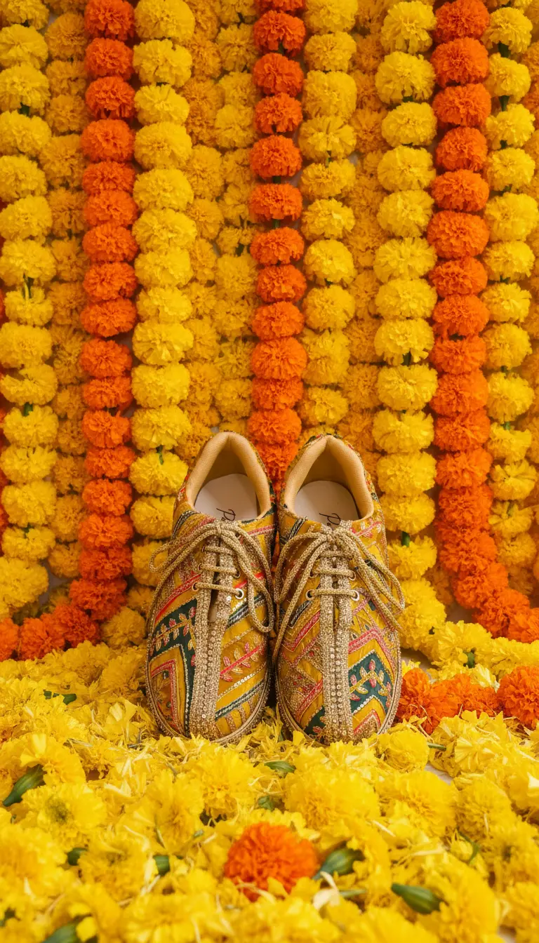 Firefly_Gemini Flash_CREATE AN IMAGE FOR MEHENDI FUNTION WITH YELLOW AND ORANGE MARIGOLD FLOWER BACKGROUD 338434