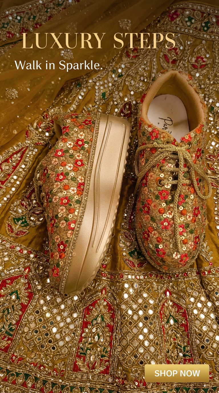 Firefly_Gemini Flash_Create an image for the website use golden red and green flowers lehenga with zardosi 436204