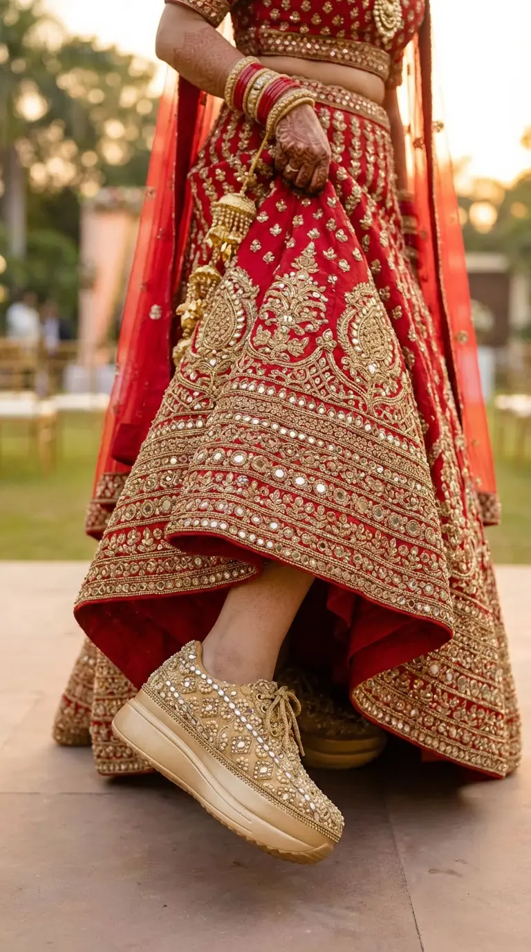 Firefly_Gemini Flash_Create an image in which a bride wearing Red lehenga with zardosi gold and mirror wor 329841