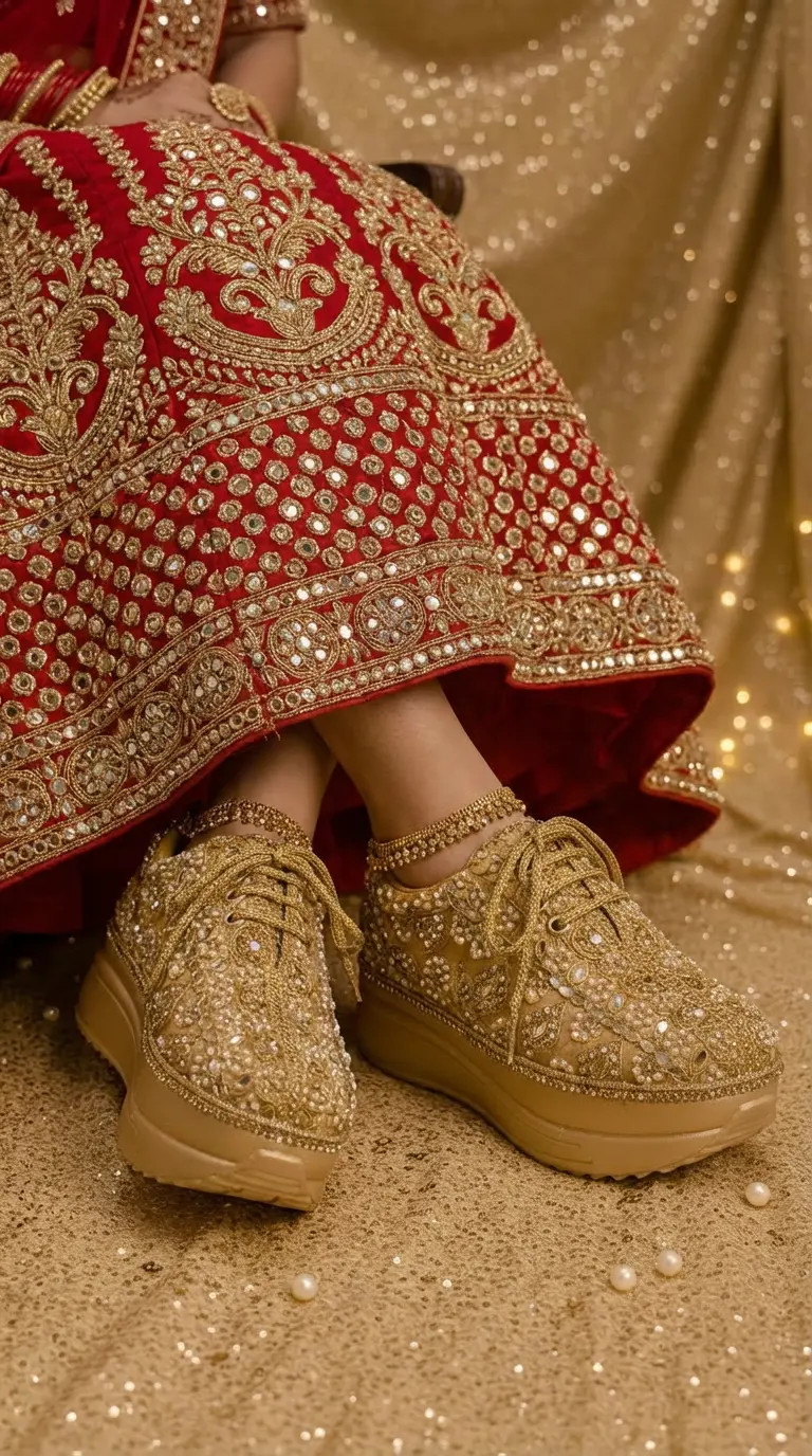 Firefly_Gemini Flash_Create an image in which a bride wearing Red lehenga with zardosi gold and mirror wor 600063