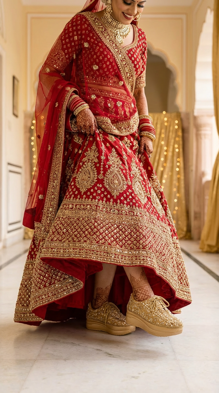 Firefly_Gemini Flash_Create an image in which a bride wearing Red lehenga with zardosi gold and mirror wor 726921