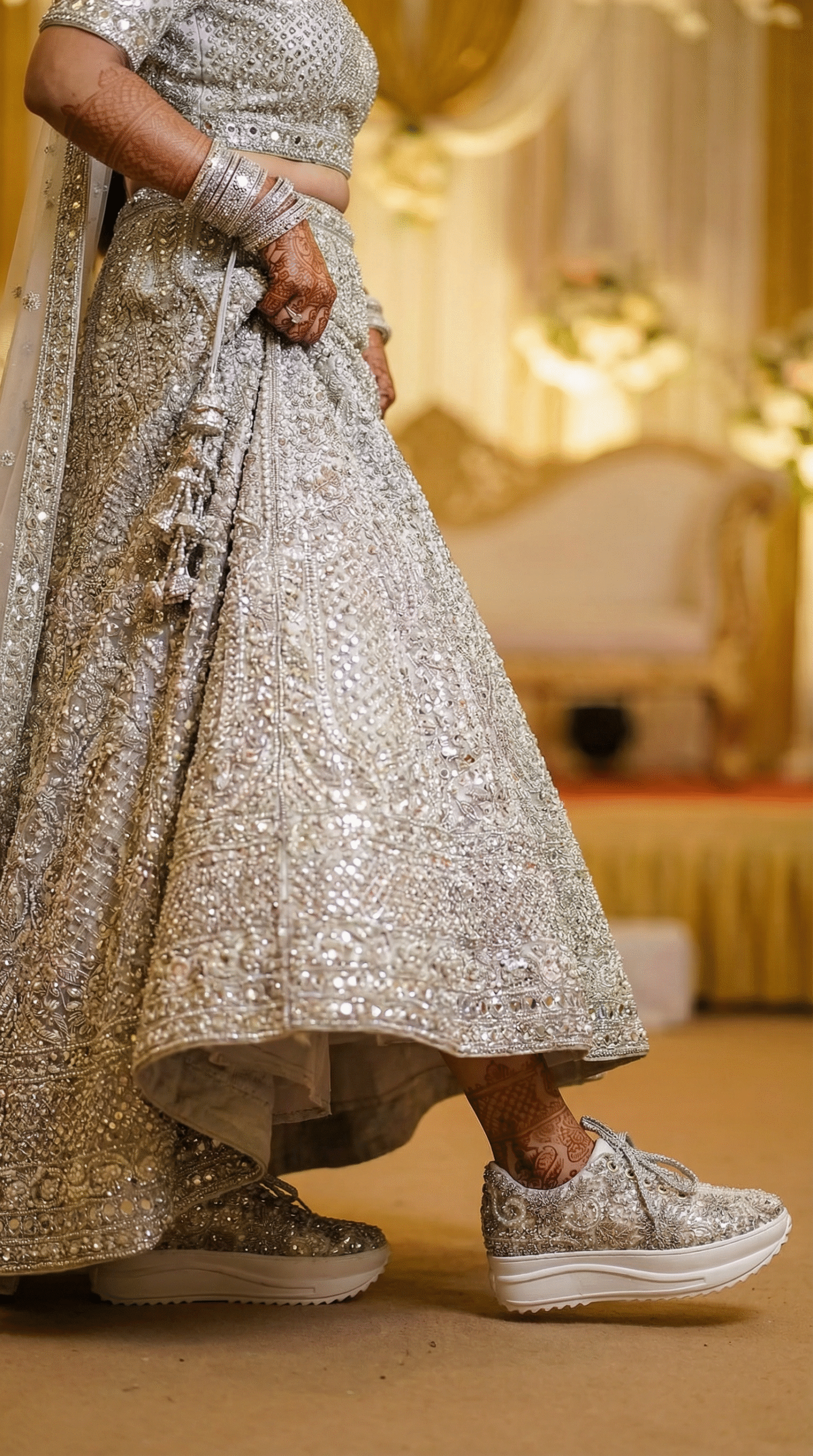 Firefly_Gemini Flash_Create an image in which a bride wearing Silver lehenga with diamond and full tiny pe 308074