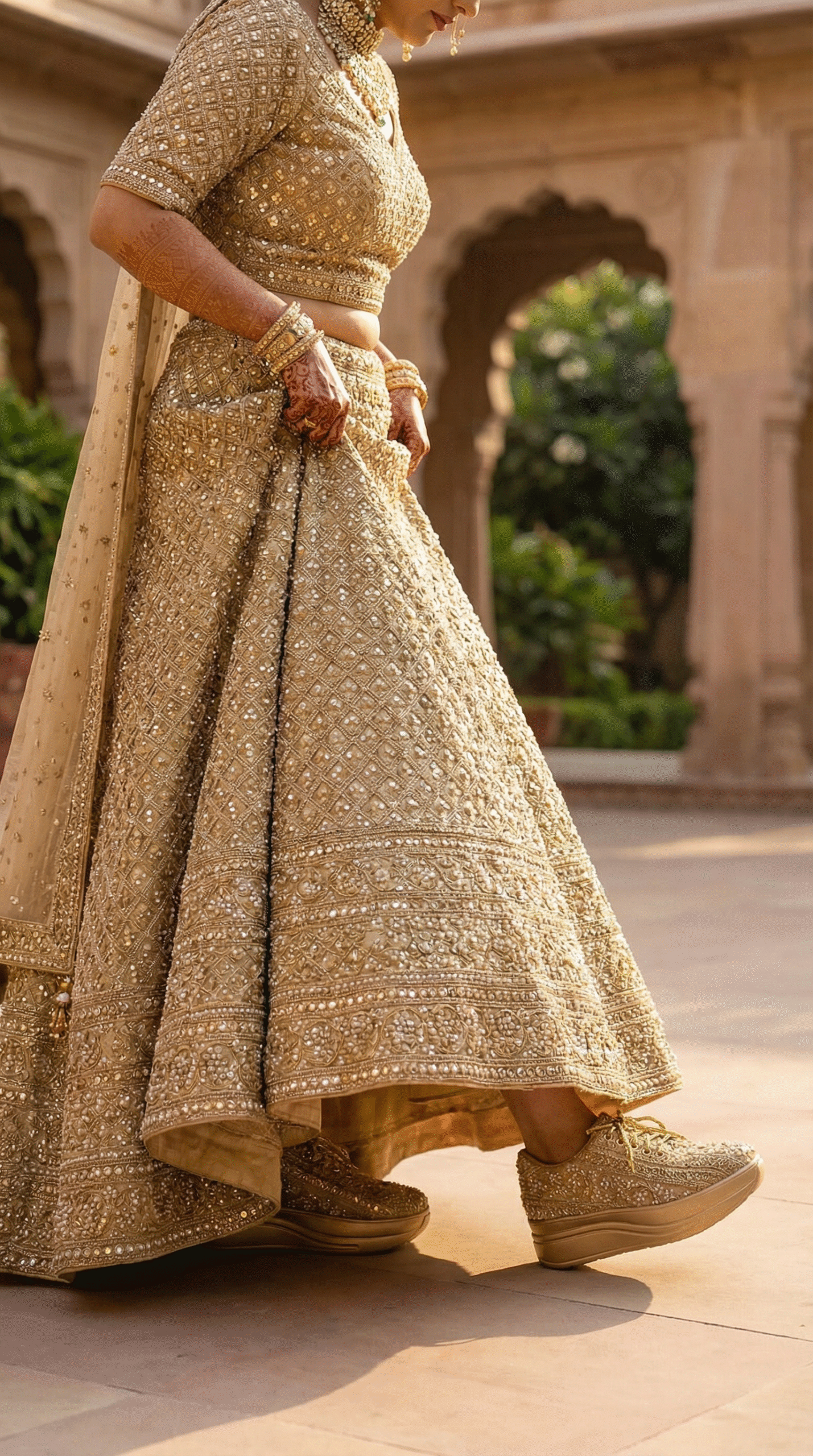 Firefly_Gemini Flash_Create an image in which a bride wearing gold lehenga with diamond and full tiny pear 396994 (1)