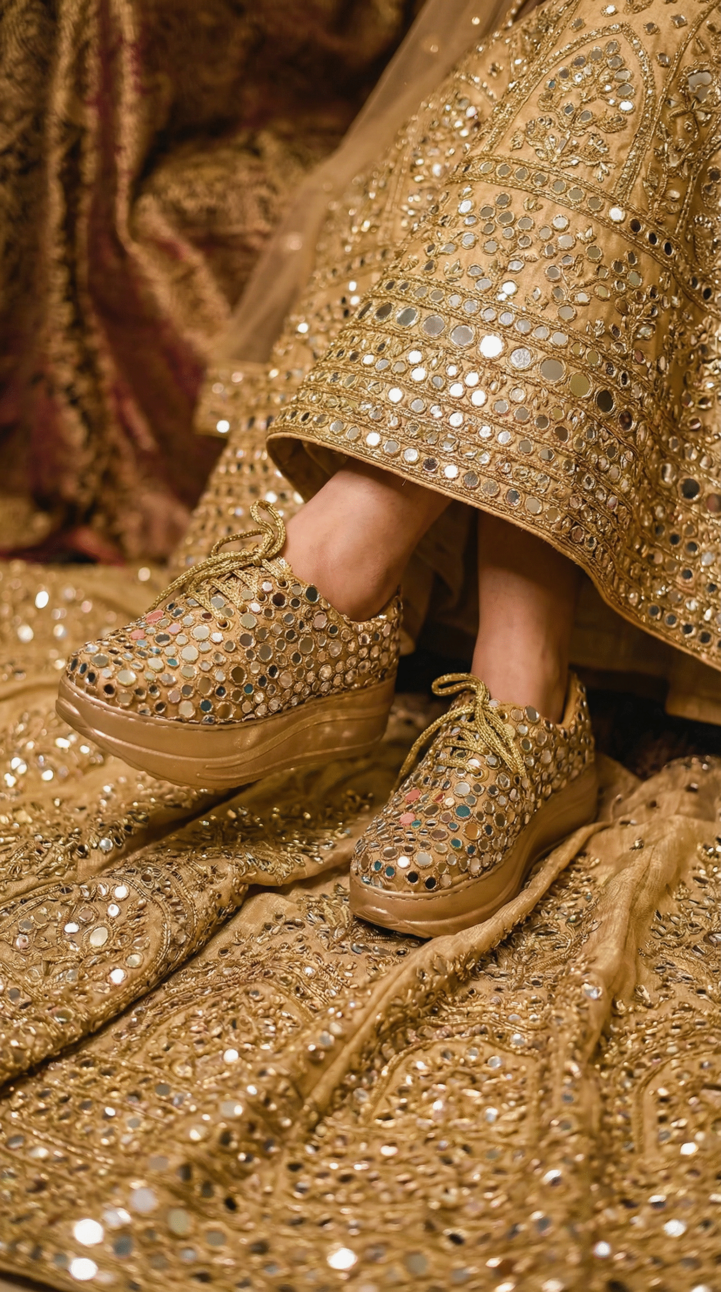 Firefly_Gemini Flash_Create an image in which a bride wearing gold lehenga with mirror work all over lehen 750387