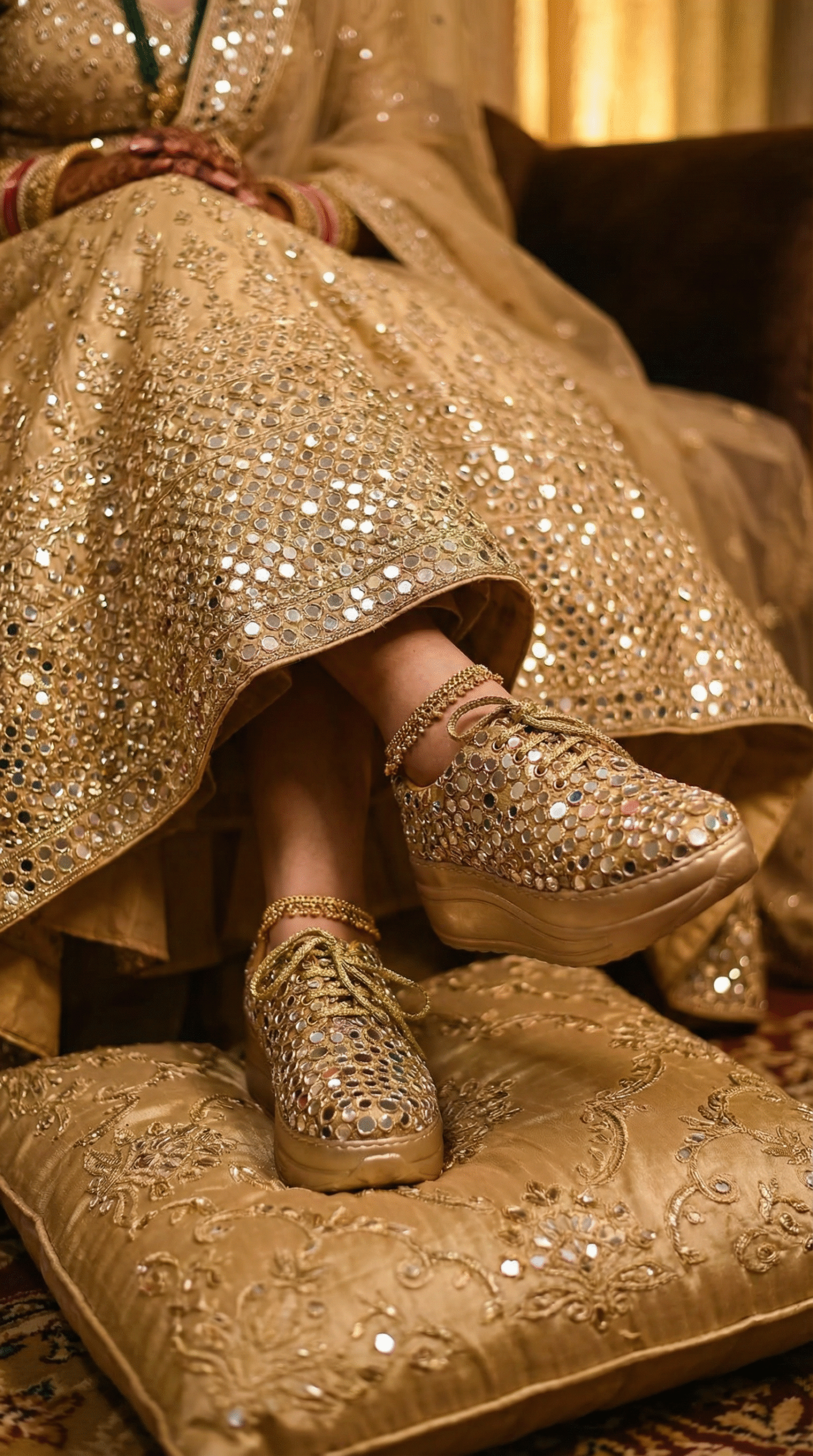 Firefly_Gemini Flash_Create an image in which a bride wearing gold lehenga with mirror work lehenga sittin 607591