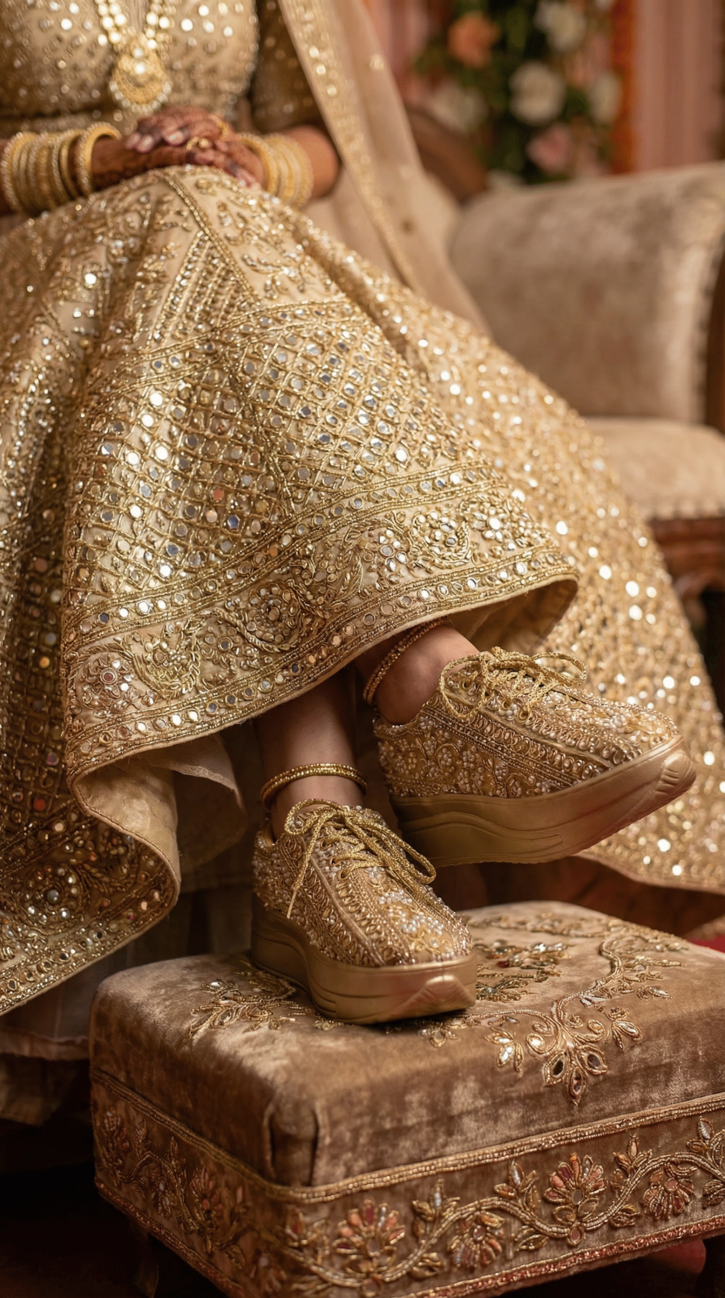 Firefly_Gemini Flash_Create an image in which a bride wearing gold lehenga with mirror work lehenga sittin 738038 (1)