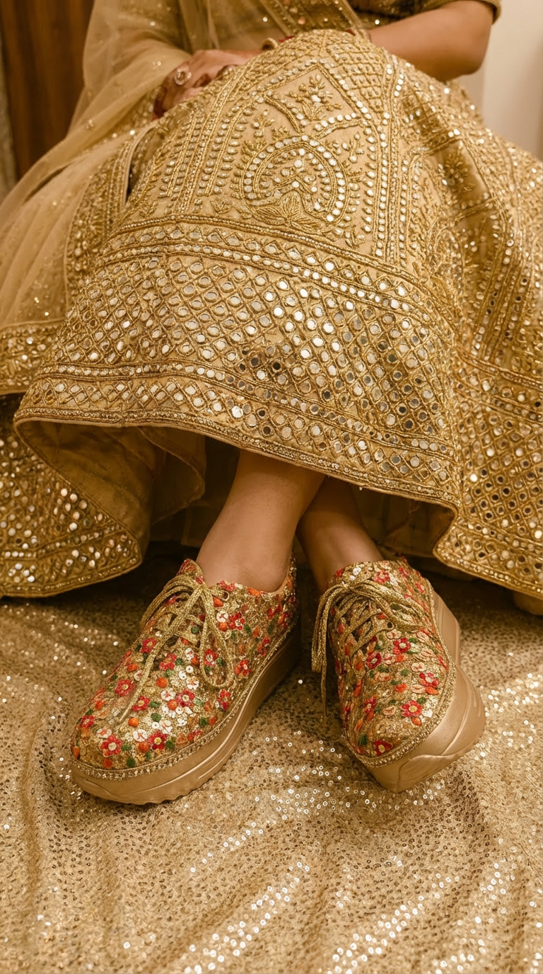 Firefly_Gemini Flash_Create an image in which a bride wearing gold lehenga with zardosi and full mirror wo 619479