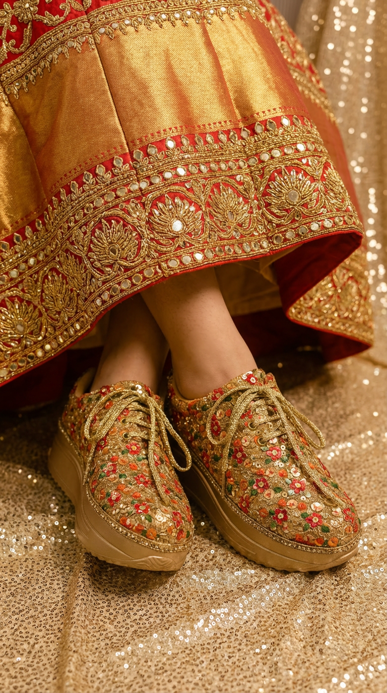 Firefly_Gemini Flash_Create an image in which a bride wearing golden and red lehenga with zardosi gold and 681350