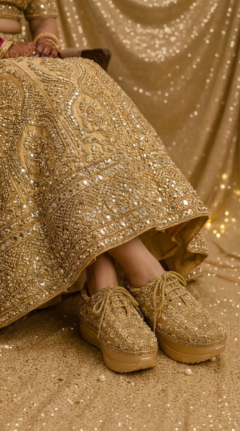 Firefly_Gemini Flash_Create an image in which a bride wearing golden lehenga with zardosi gold and mirror 595962
