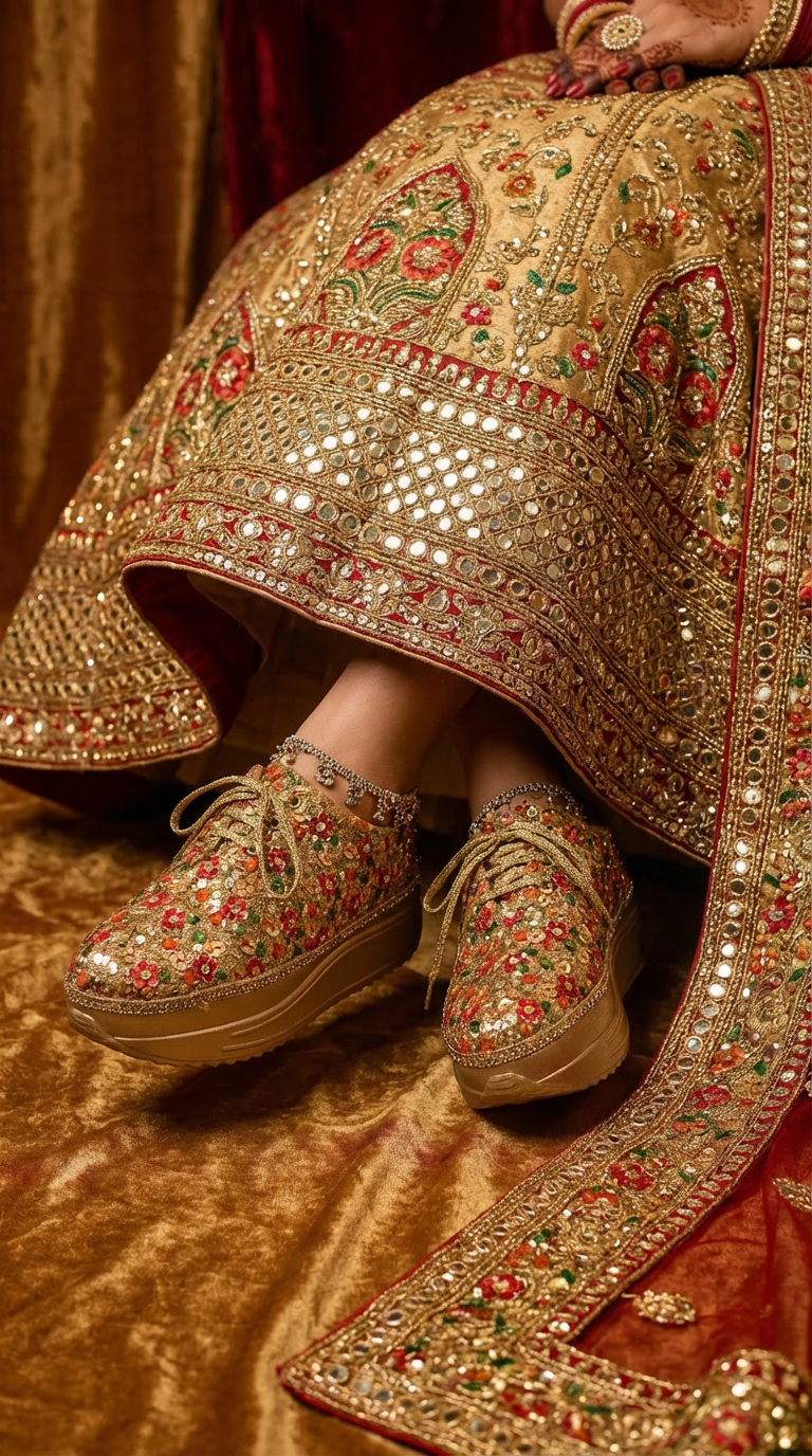 Firefly_Gemini Flash_Create an image in which a bride wearing golden red and green flowers lehenga with za 273822