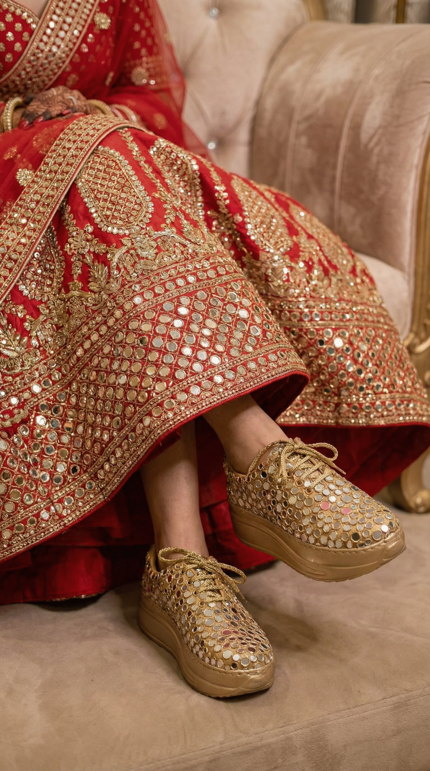 Firefly_Gemini Flash_Create an image in which a bride wearing golden red lehenga with mirror work lehenga 831643