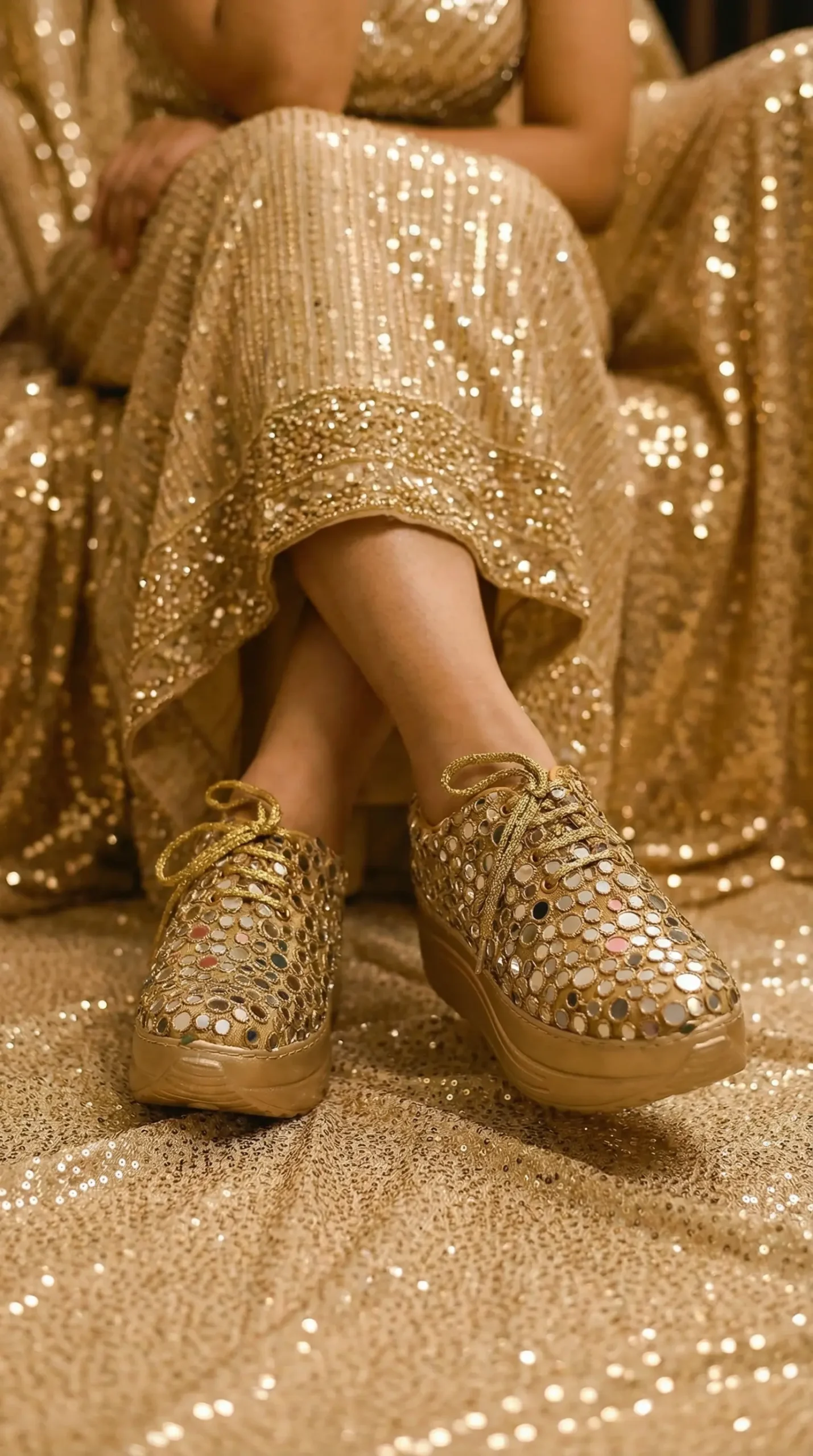 Firefly_Gemini Flash_Create an image with a model wearing golden western shimmer dress and wearing the sne 398755