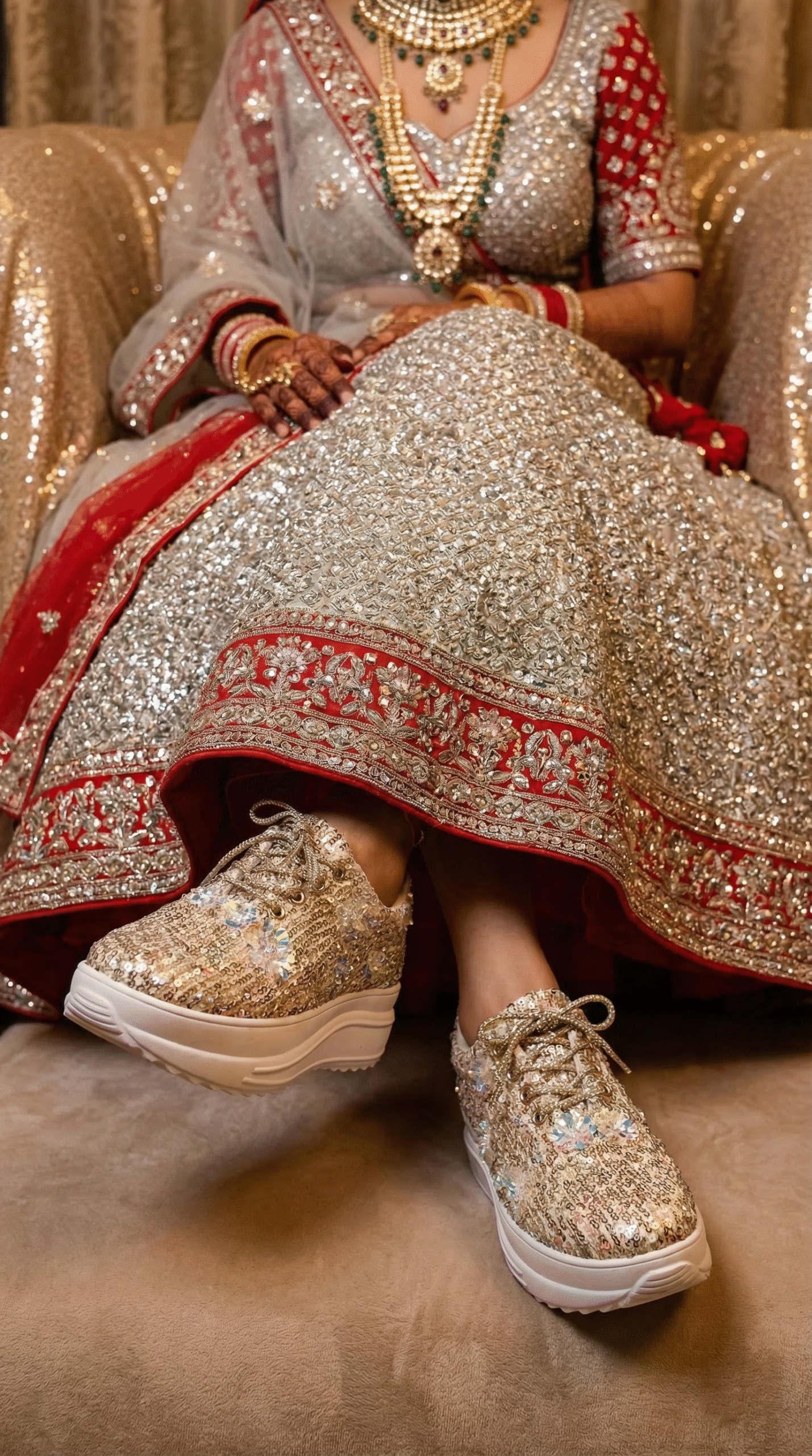 Firefly_Gemini Flash_Create image with a bride wearing an silver and red full sequence work lehenga and th 461687