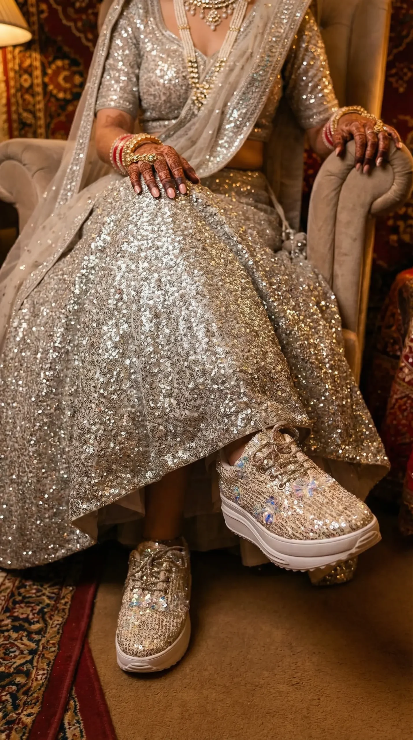 Firefly_Gemini Flash_Create image with a bride wearing an silver full sequence work lehenga and the sneakr 574643