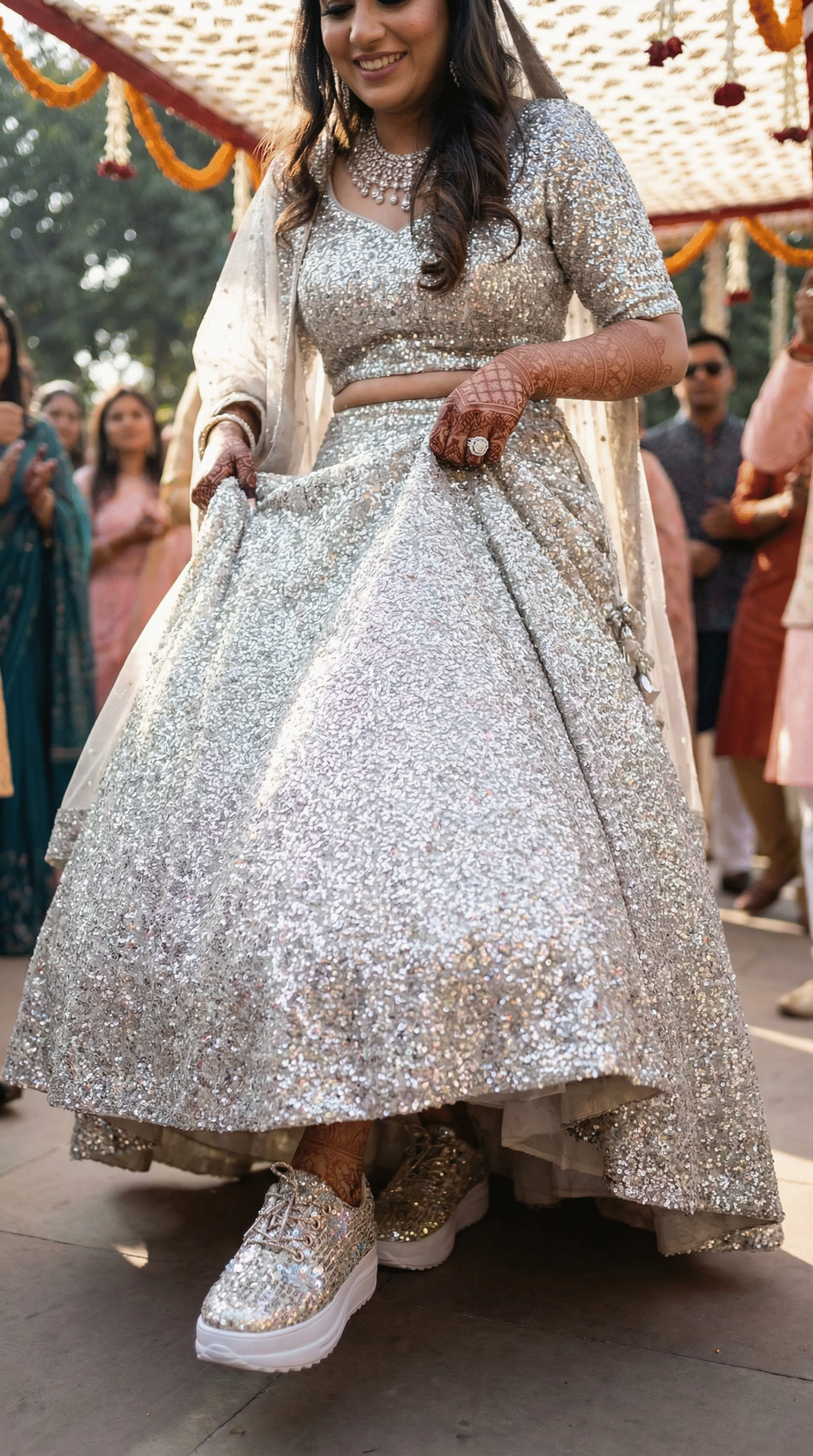 Firefly_Gemini Flash_Create image with a bride wearing an silver full sequence work lehenga and walking fo 861334