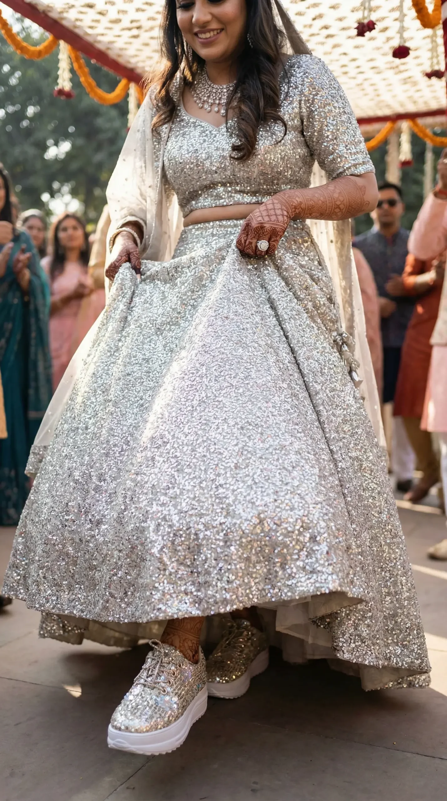 Firefly_Gemini Flash_Create image with a bride wearing an silver full sequence work lehenga and walking fo 861334