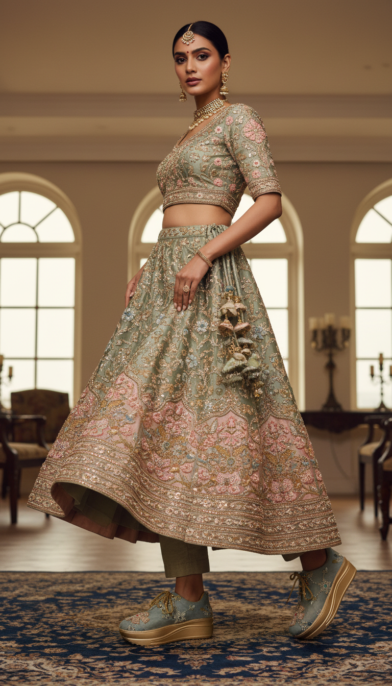 Firefly_Gemini Flash_Indian Bride wearing an elegant lehenga, styled with designer pardesi wedding sneaker 506630