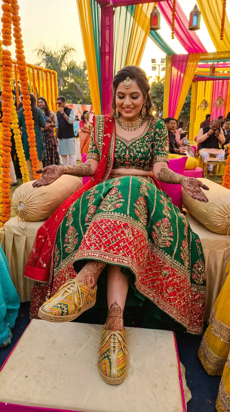 Firefly_Gemini Flash_Please create an image with a bride wearing the below sneakes on her mehendi funtion 28285