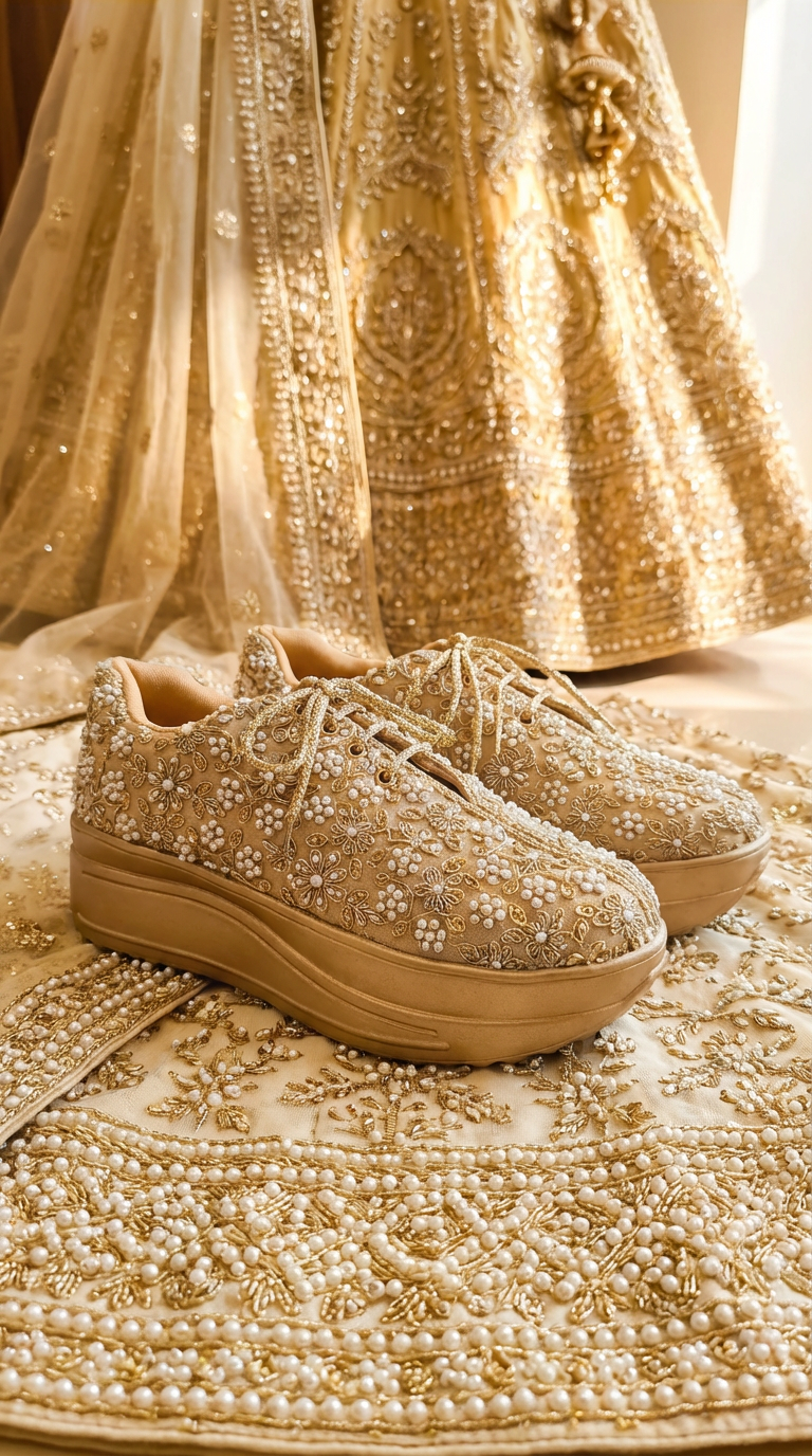 Firefly_Gemini Flash_create a bright image for my website with cream gold lenenga with peral work and gold 944729