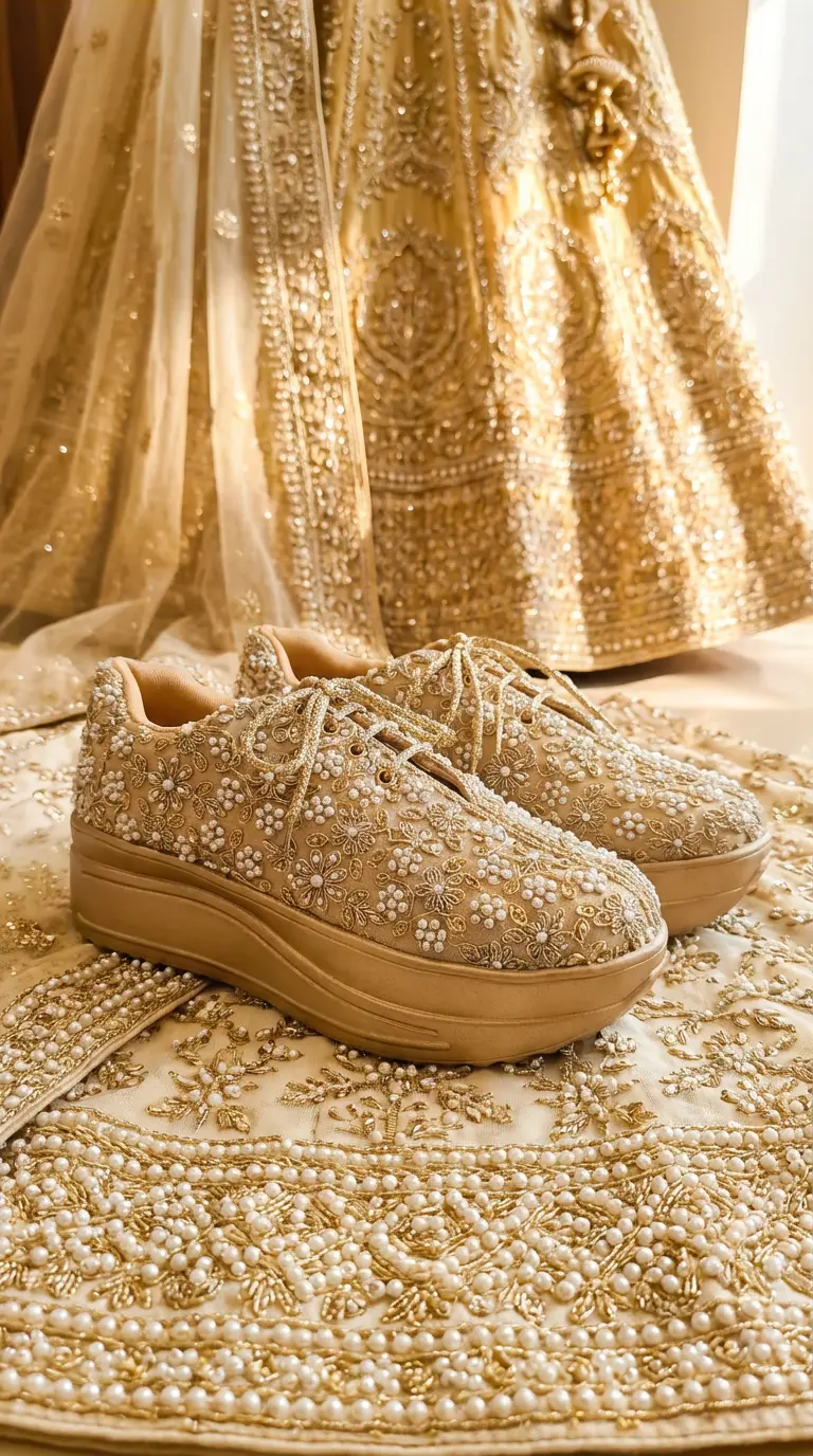 Firefly_Gemini Flash_create a bright image for my website with cream gold lenenga with peral work and gold 944729