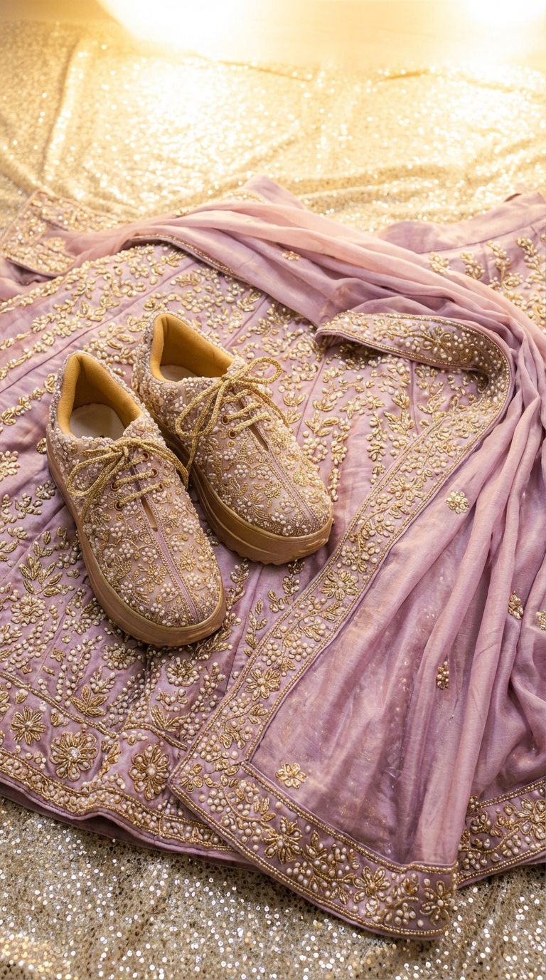 Firefly_Gemini Flash_create a bright image for my website with light purple and gold lenenga full of peral 202979