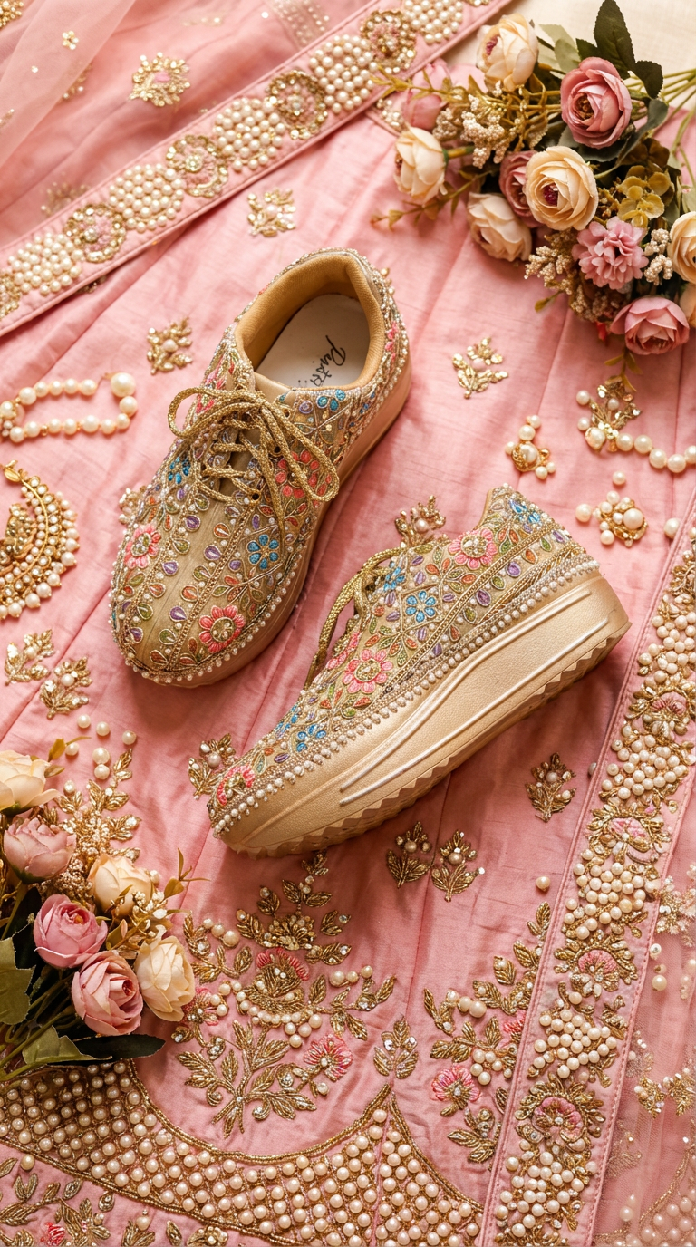 Firefly_Gemini Flash_create a bright image for my website with pastel pink and pearls gold lehenga wedding 939113