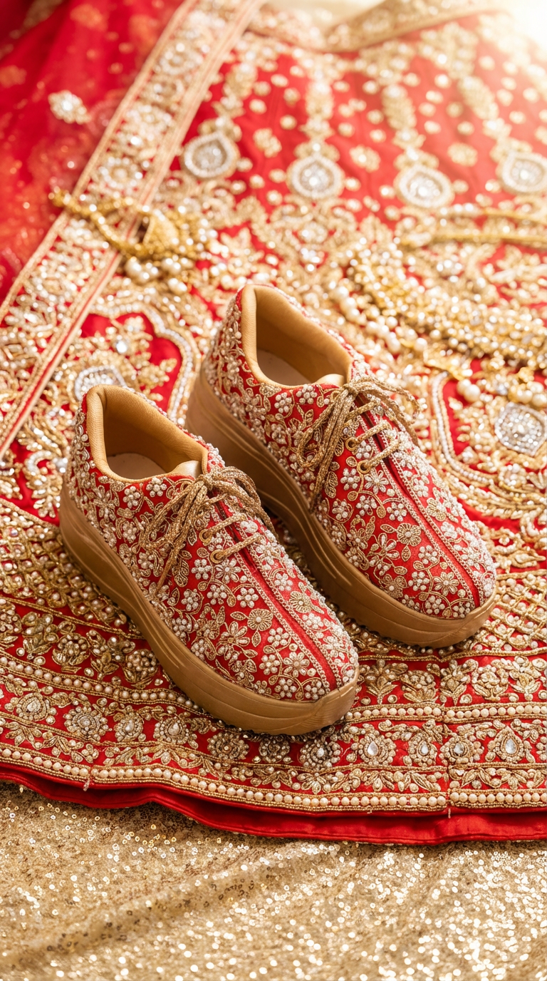 Firefly_Gemini Flash_create a bright image for my website with red gold full diamond pearl work lehenga we 970754