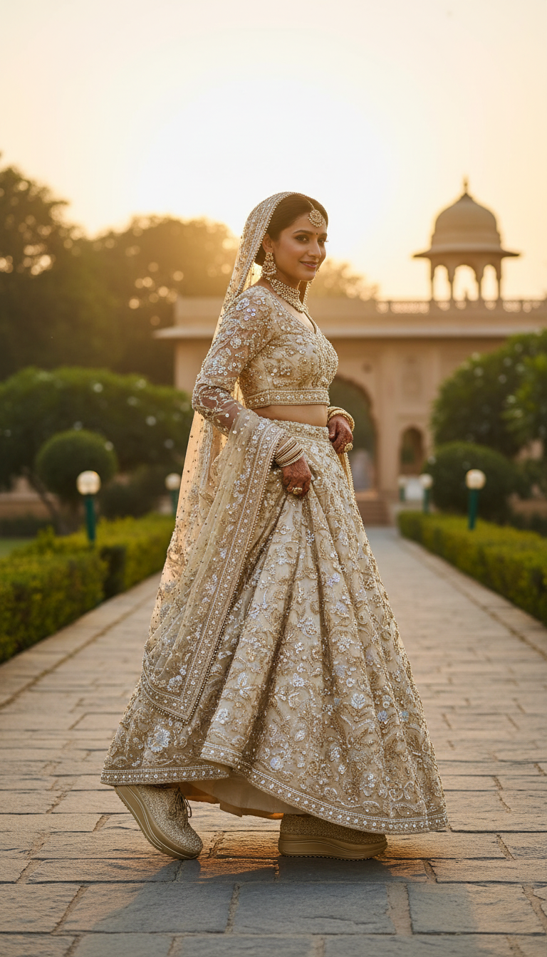 Firefly_Gemini Flash_create a photo in which a bride wearning Full cream pearl elegant lehenga walking sho 155507