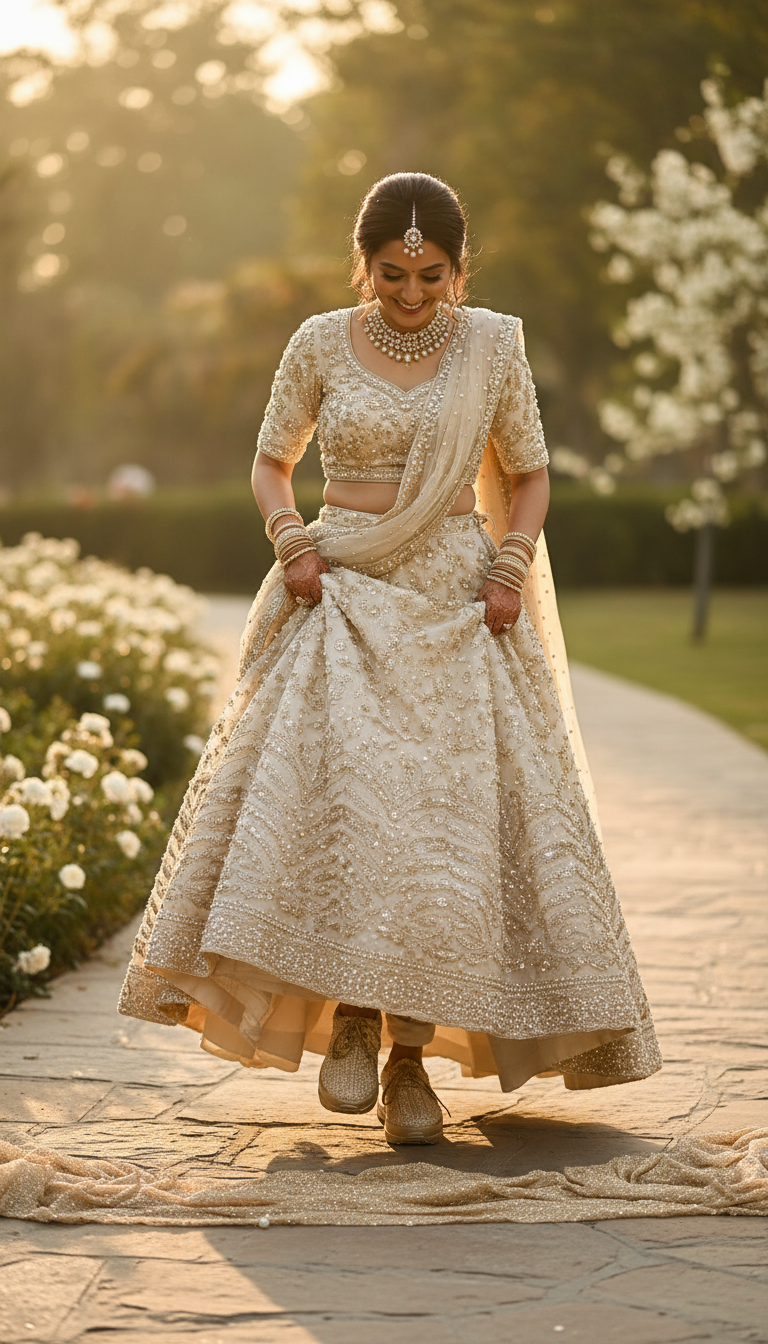 Firefly_Gemini Flash_create a photo in which a bride wearning Full cream pearl elegant lehenga walking sho 644699