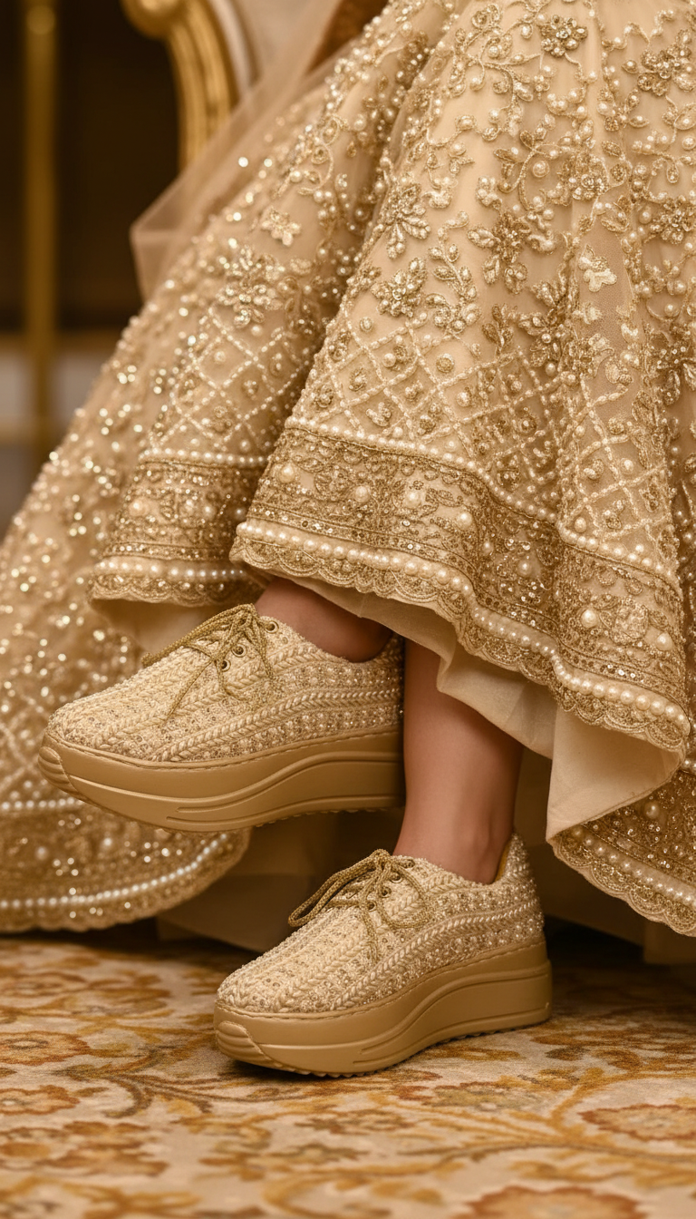 Firefly_Gemini Flash_create a photo in which a bride wearning Full cream pearl lehenga sitting down with 126409