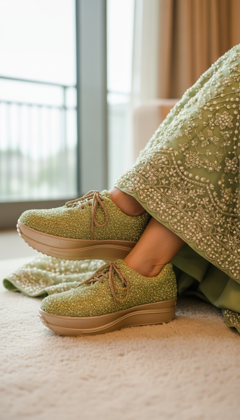 Firefly_Gemini Flash_create a photo in which a bride wearning Full light green pearl lehenga a sitting do 503860