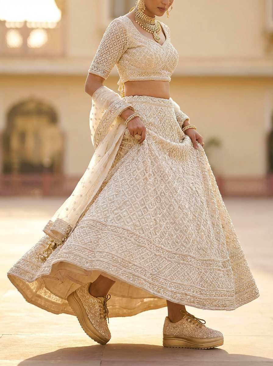 Firefly_Gemini Flash_i need a photo of this sneakers with a model ivory diamonds and peral work lehenga an 973466