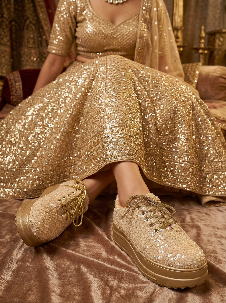 Firefly_Gemini Flash_i need a photo of this sneakers with a model lehenga and wearing the sneakers in the 917874