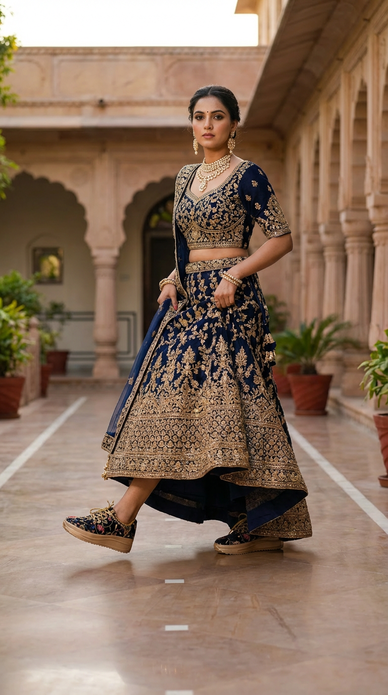 Firefly_Gemini Flash_i need a photo of this sneakers with a model wearing Navi BLue golden work and diamon 172622