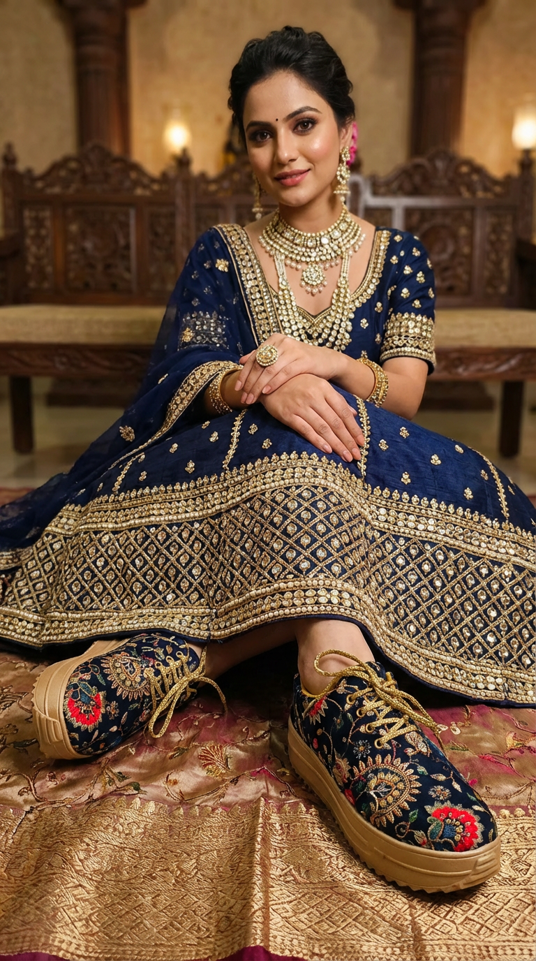 Firefly_Gemini Flash_i need a photo of this sneakers with a model wearing Navi BLue kundan pearl and golde 888117