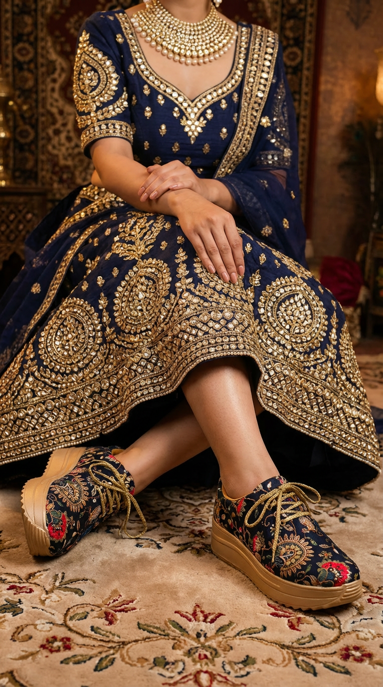 Firefly_Gemini Flash_i need a photo of this sneakers with a model wearing Navi BLue kundan pearl and golde 921378 (1)