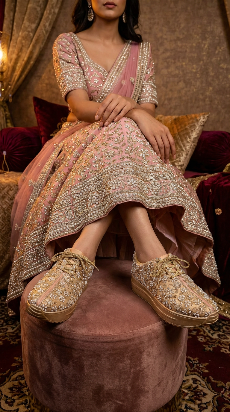 Firefly_Gemini Flash_i need a photo of this sneakers with a model wearing Pink gold and pearl silver lehen 463080