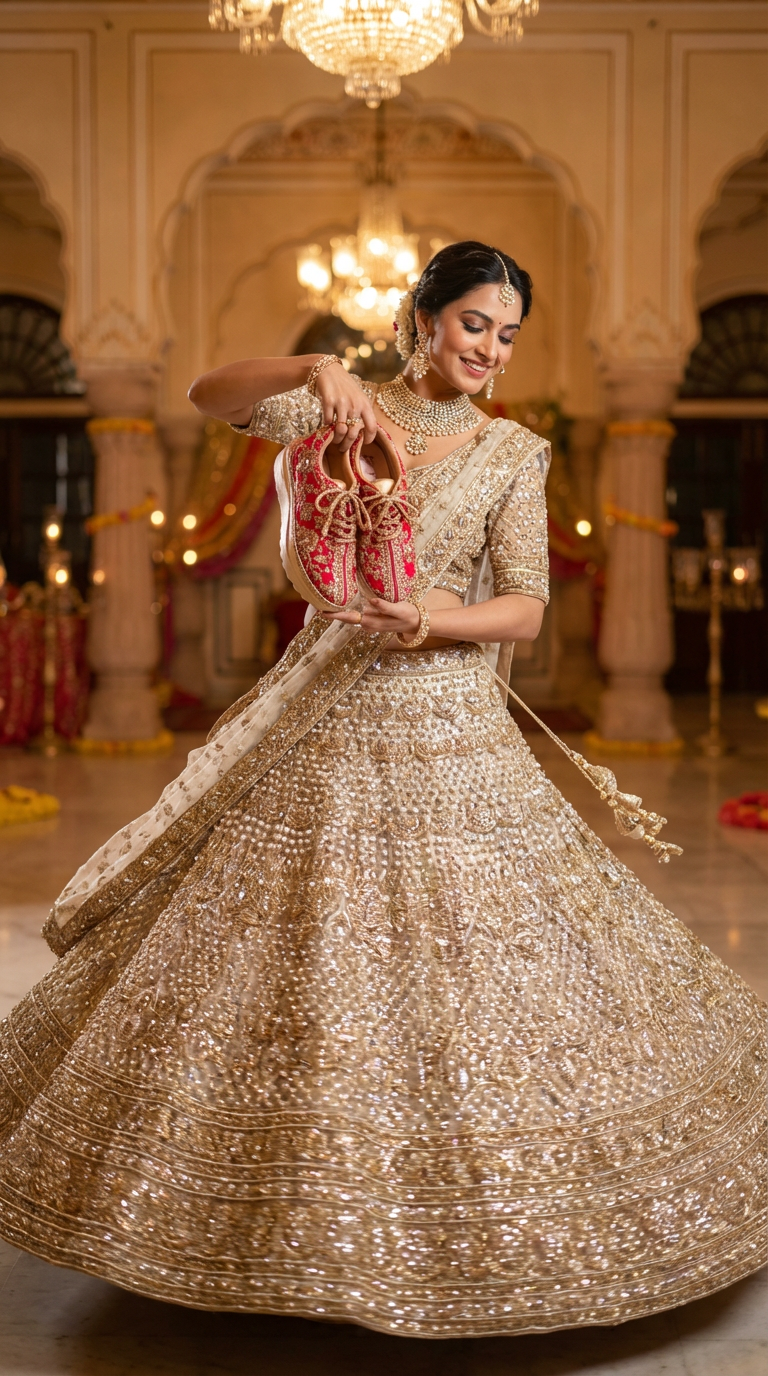 Firefly_Gemini Flash_i need a photo of this sneakers with a model wearing and elegant lehenga with diamond 86067