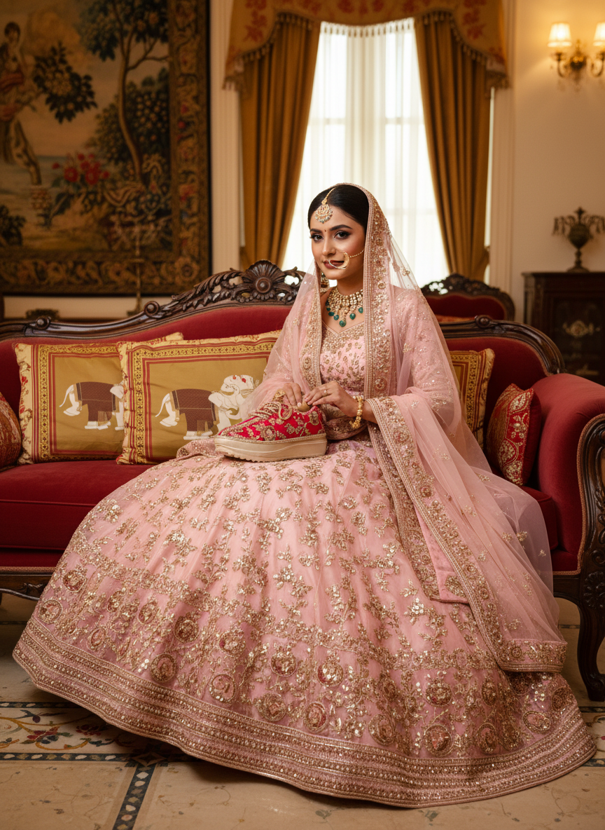 Firefly_Gemini Flash_i need a photo of this sneakers with a model wearing and pink with gold work elegant 461447