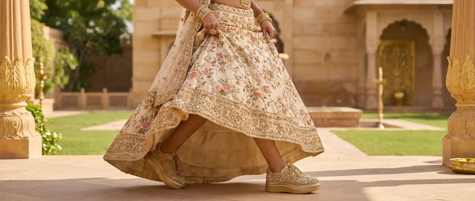 Firefly_Gemini Flash_i need a photo of this sneakers with a model wearing cream floral golden lehenga wear 8162