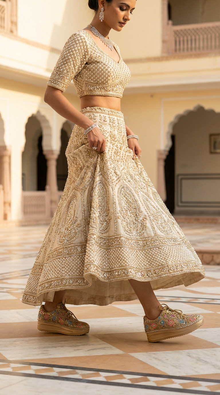 Firefly_Gemini Flash_i need a photo of this sneakers with a model wearing cream gold lehenga with peral wo 375190