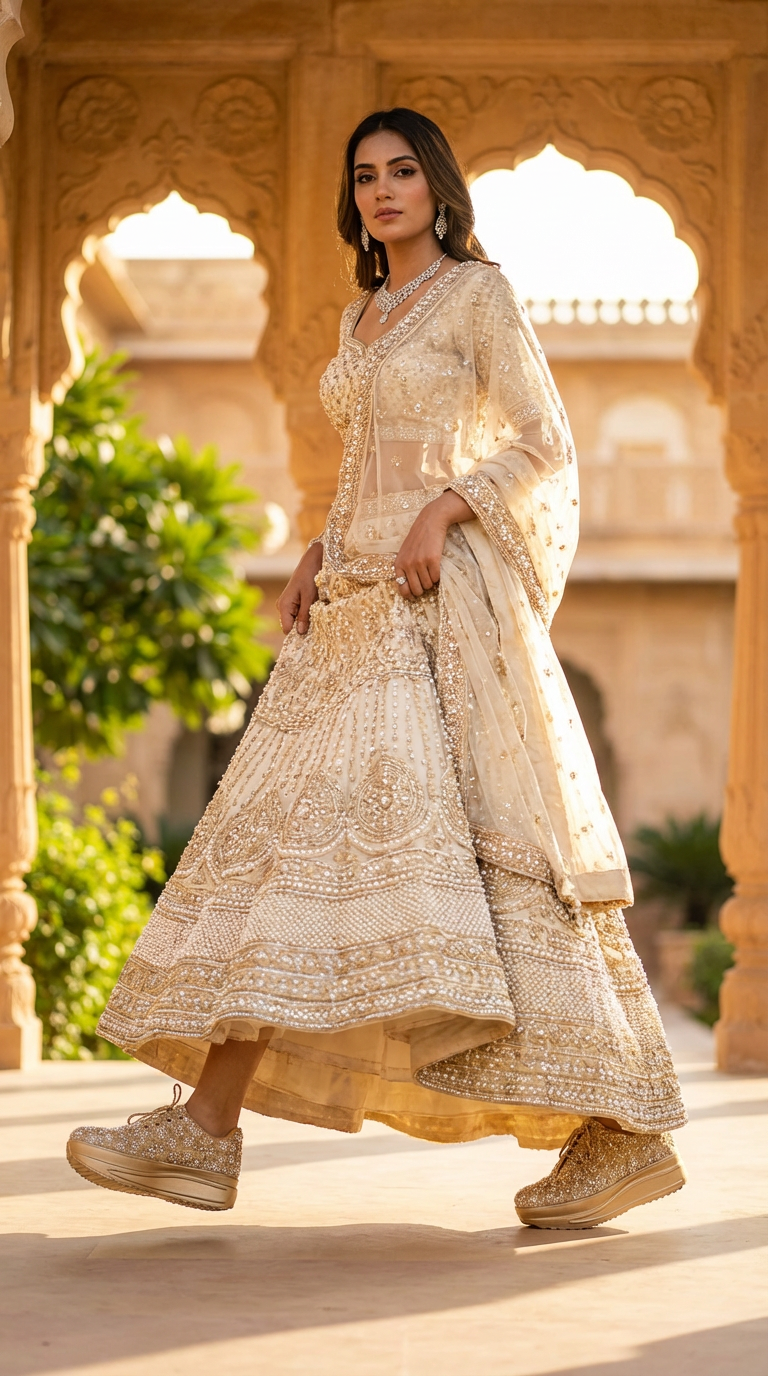 Firefly_Gemini Flash_i need a photo of this sneakers with a model wearing cream gold lehenga with peral wo 66944