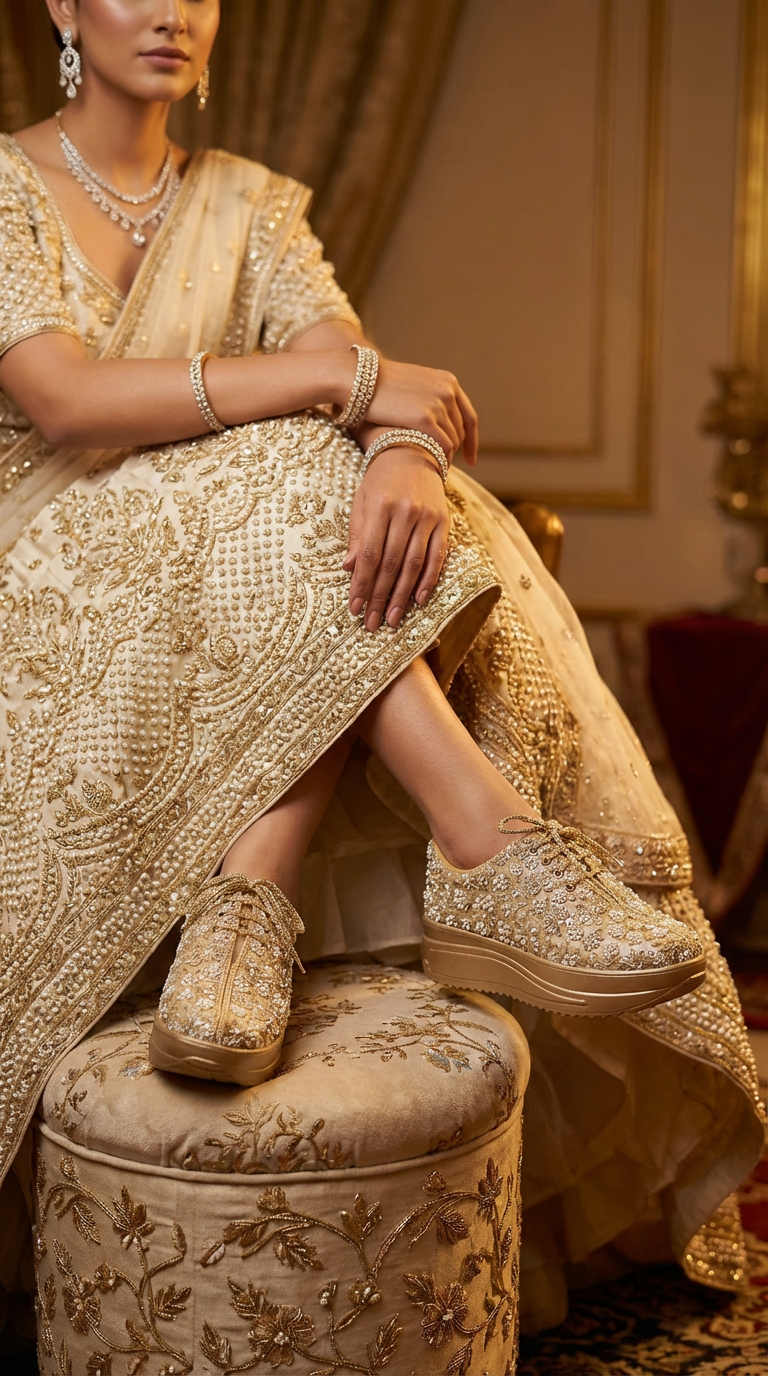Firefly_Gemini Flash_i need a photo of this sneakers with a model wearing cream gold lehenga with peral wo 824155 (1)