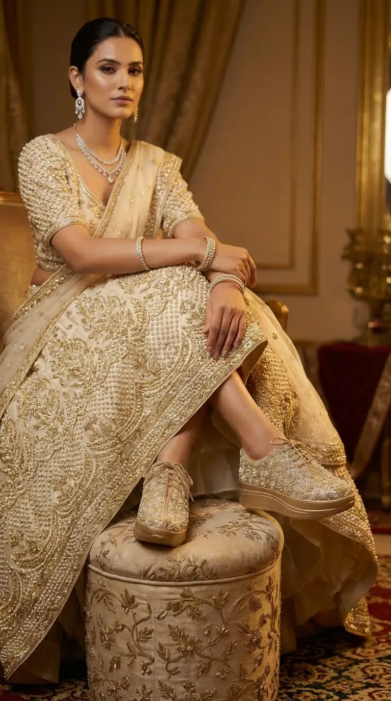 Firefly_Gemini Flash_i need a photo of this sneakers with a model wearing cream lehenga with peral work an 35937
