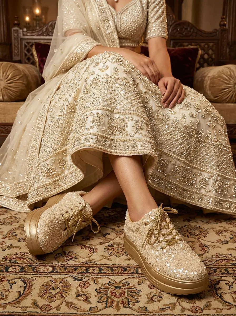 Firefly_Gemini Flash_i need a photo of this sneakers with a model wearing ivory diamonds and peral work le 85533